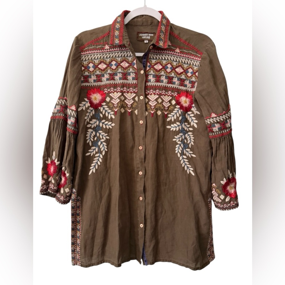 Johnny Was Workshop rare Small 3/4 sleeve Boho button up Army green blouse